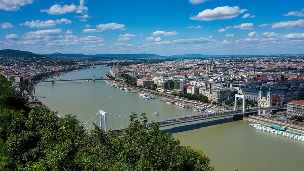 The Danube, Elisabeth Bridge and Pest seen from Gellért Hill in Budapest